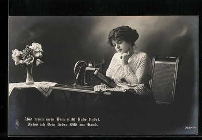 And If My Heart..., Young Woman at Sewing Machine, Postcard 
