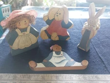 Hand Painted Wooden Primitive Country Folk Art Rabbits and people