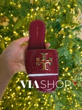 Tory Burch Everly Rhinestone Slides, Red, HOLIDAY EDITION