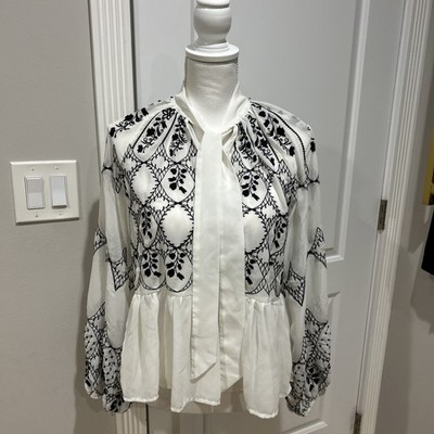 Anthropology White Embroidered Blouse, Size XXS