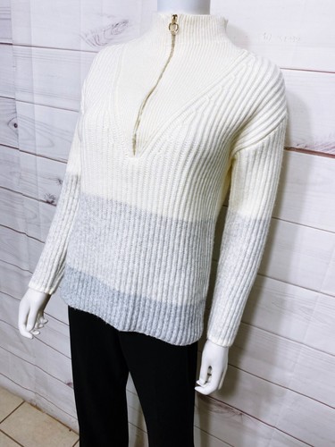 Talbots Petite Womens 1/2 Zip Ribbed Sweater Size MP Ivory & Gray Long Sleeve - Picture 7 of 11