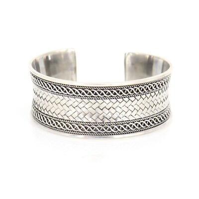 Twisted With Mat Design Indian Silver Cuff Bracelet, Sterling