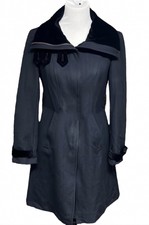 Gryphon Trench Coat Blue Black Long Wool Cotton Velvet Collar Zipper Front Med