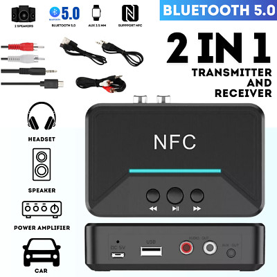 Bluetooth 5.0 Receiver Transmitter Wireless 3.5mm AUX NFC to 2 RCA Audio Adapter