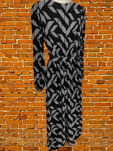 M&S COLLECTION UK 8 BLACK WHITE MIX BLOUSON LONG SLEEVED V NECK LONG TEA DRESS - Picture 5 of 8