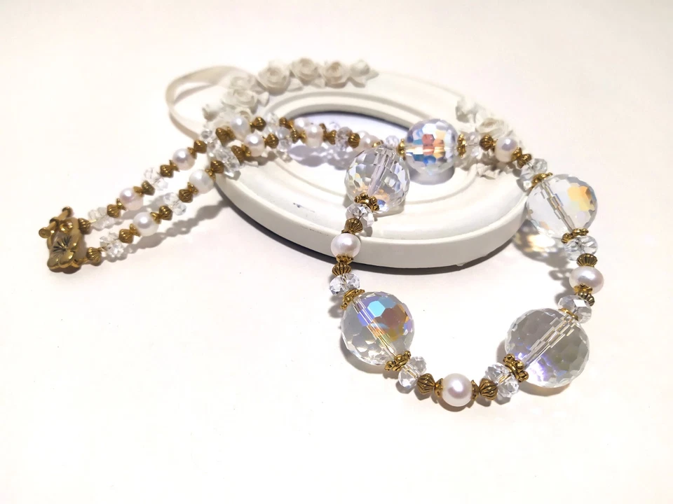 Collana da sposa artigianale fatta a mano perle di cristallo e perle bianche ... - Immagine 2 di 4