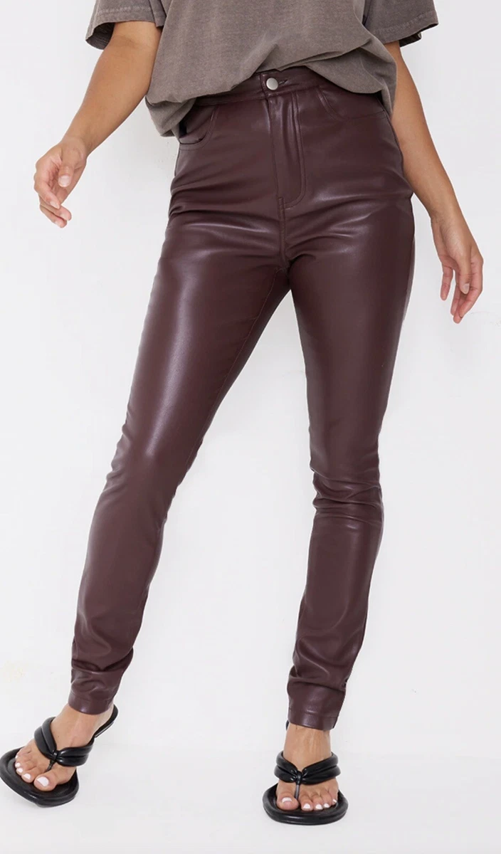 PrettyLittleThings Petite Chocolate Button Up Faux Leather Skinny