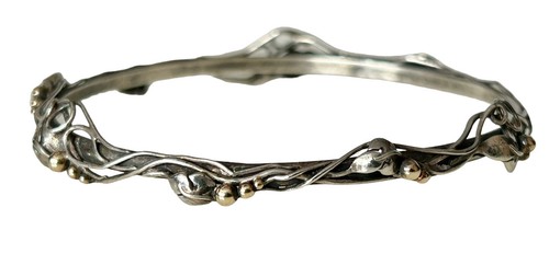 Early 19th Century Sterling Silver 14K Ivy Bangle Bracelet Signed RJ DEXTER - Picture 11 of 14