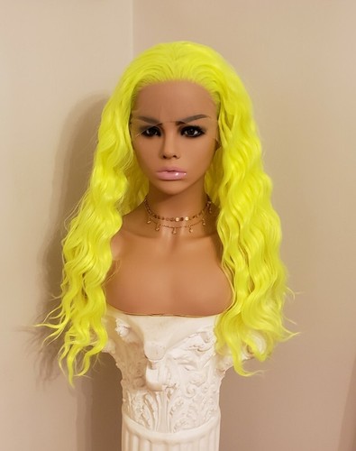 Lace Front Wig - Long Wavy Neon Yellow Human Hair Blend 13x3 T Part HD - Picture 2 of 9