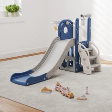 6 in 1 Kids Slide Climber Playset Toddler Slide Indoor Outdoor w/Basketball Hoop