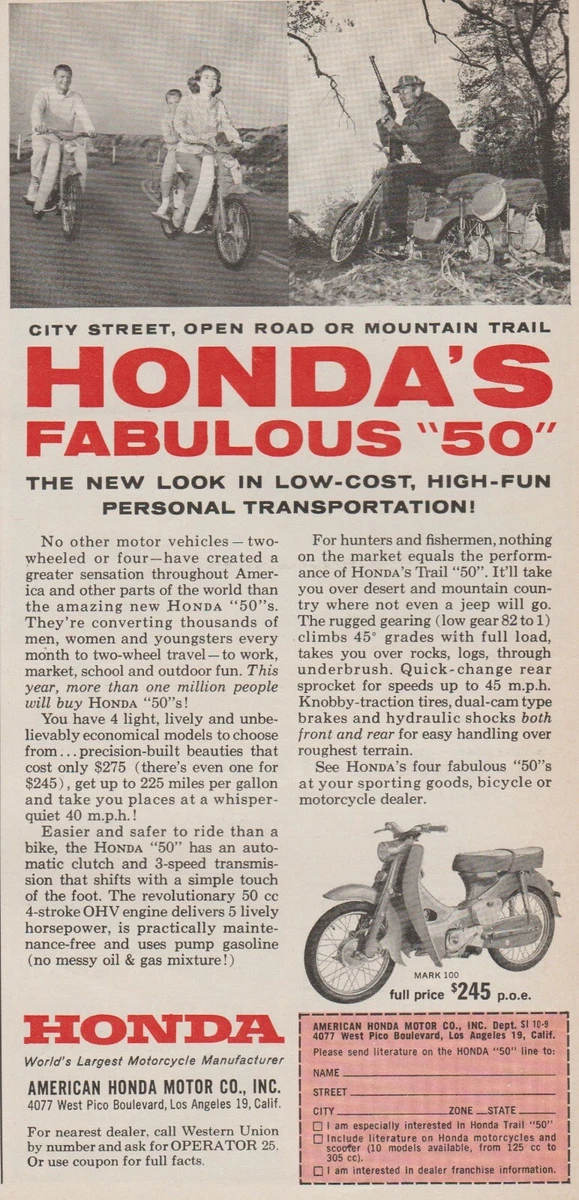 1961 Honda 50 Motorcycle Scooter Family Ride Mountain Hunter Print Ad Photo