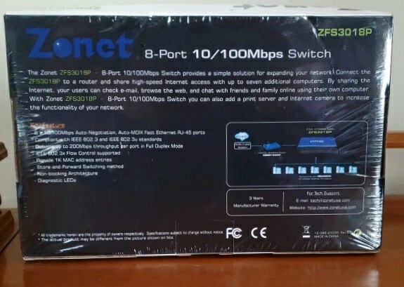 Zonet Model ZFS3018P 8 Ports 10/100Mbps Fast Ethernet Switch w/Power Supply NEW - Image 2 of 4