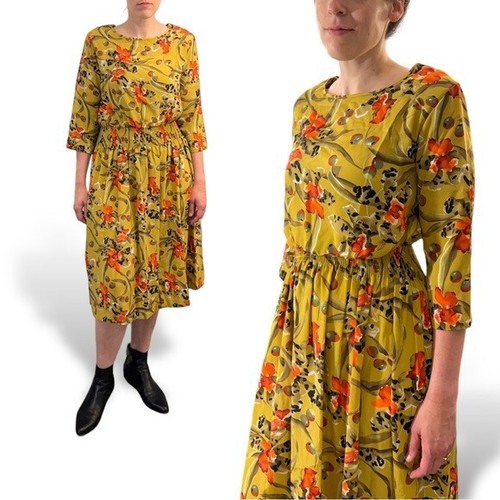Abito midi donna toran vintage anni 80 stampa oliva vita fumè giallo verde floreale - Foto 2 di 7