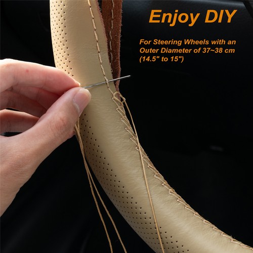 Genuine Leather DIY Car Steering Wheel Cover Anti-slip For 15"/ 38 cm Beige US - Picture 4 of 8