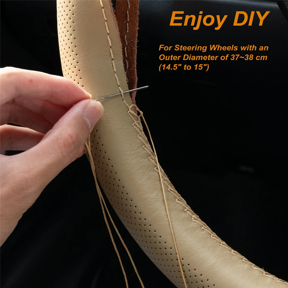 Capa de volante de carro couro bovino respirável antiderrapante faça você mesmo bege 15" 38cm - Imagem 4 de 4