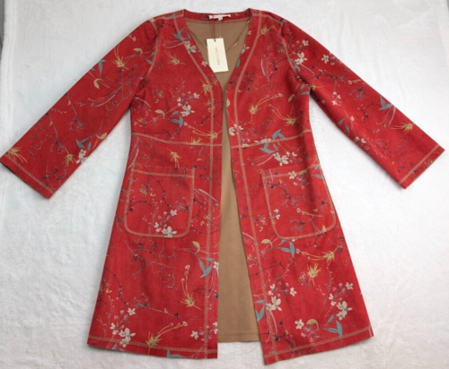 Solitaire Anthropologie Floral Vegan Suede OpenFront Kimono Womens Small Red NWT