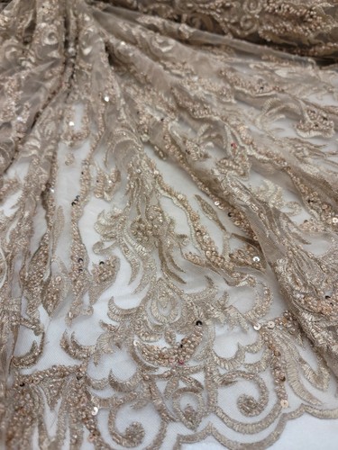 Champagne Beaded Fabric Embroidery Beads Fabric Lace Wedding Dress By The Yard - Picture 11 of 12