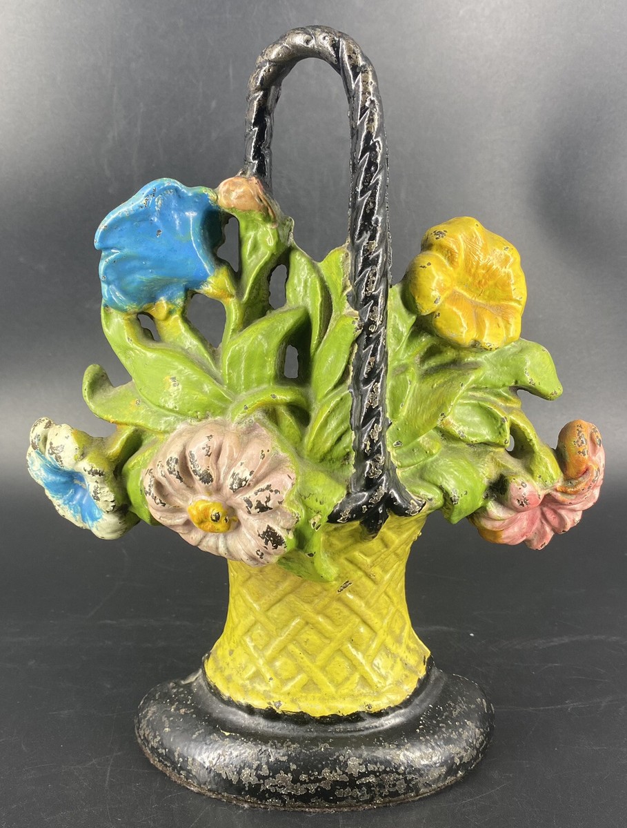 Antique Hubley 9.5” Colorful Flower Bouquet Basket Door Stop Cast