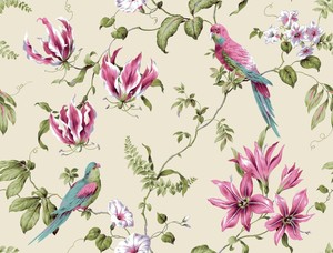 Wallpaper-Designer-Pink-Lavender-Green-Aqua-Tropical-Floral-Parrots-on-Cream