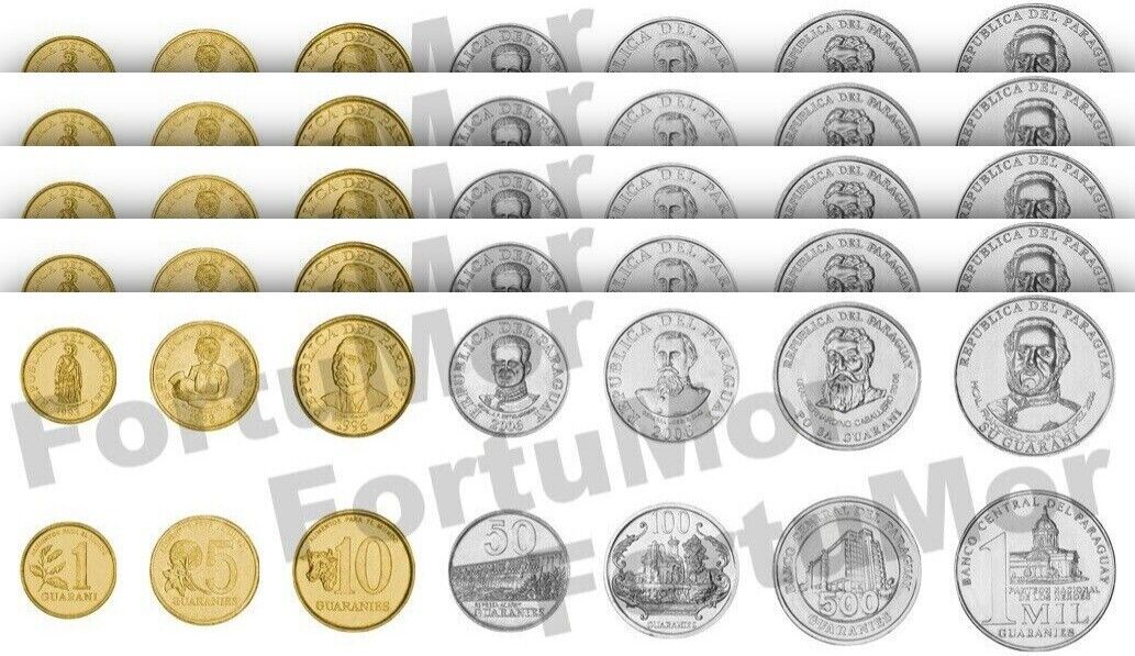 Paraguay 5 (x) 7 Pcs Coin Set, 1 5 10 50 100 500 1000 Guaranies