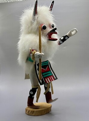 Navajo Native American Wolf Kachina Doll Figurine Wooden Base Signed M E Largo