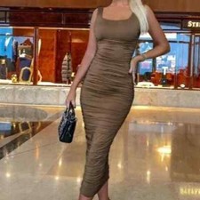 Women's Ruched Sleeveless Tank Midi Bodycon Dress Brown