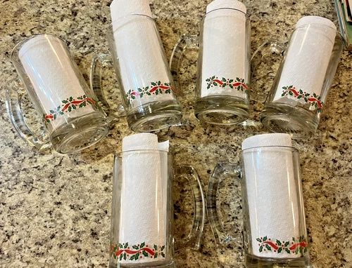Six Vintage Libbey Christmas Holly Berry Beer Hot Chocolate Mugs Steins
