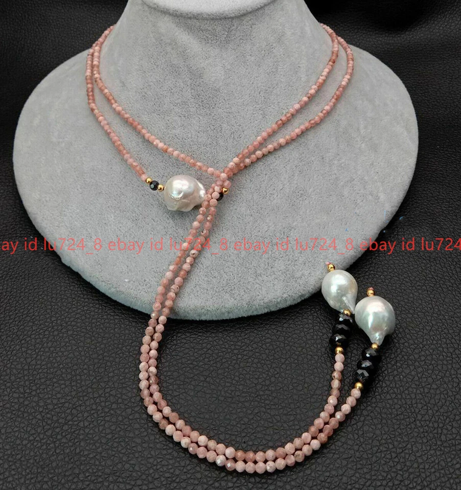 Collar largo de perlas Keshi blancas gemas de rodocrosita rosa facetadas naturales de 4 mm 53"" Foto 3 de 4