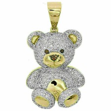 NEW 1.55 CT Diamond Teddy Bear Pendant 1.40" 3D Pave Charm 14K Yellow Gold Over