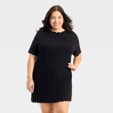 Women Short Sleeve Pointelle Mini Sweater Dress - A New Day Black