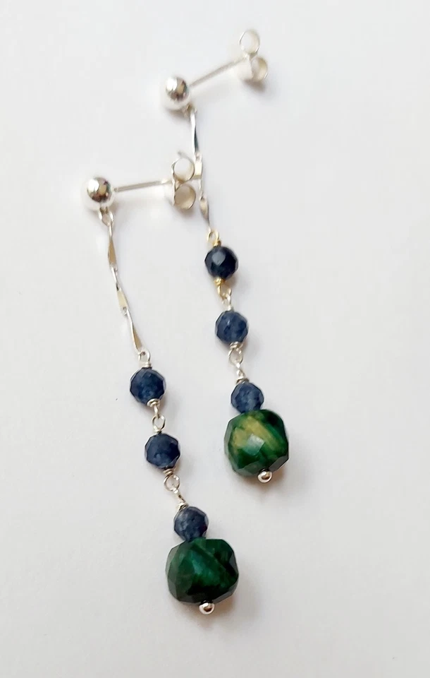 Orecchini in argento 925 pietre occhio di tigre e zaffiro idea regalo per Natale - Immagine 2 di 4