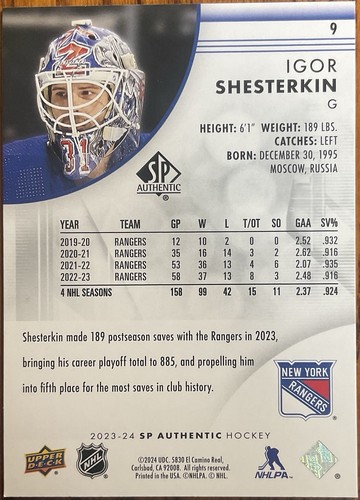 2023-24 SP Authentic Igor Shesterkin #9 New York Rangers - Picture 2 of 2