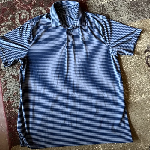 Under Armour Mens XL Blue Striped Loose HeatGear Short Sleeve Athletic Golf Polo