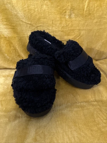 Sandali ciabatte UGG neri Fluffita misto lana peluche plateau slip on