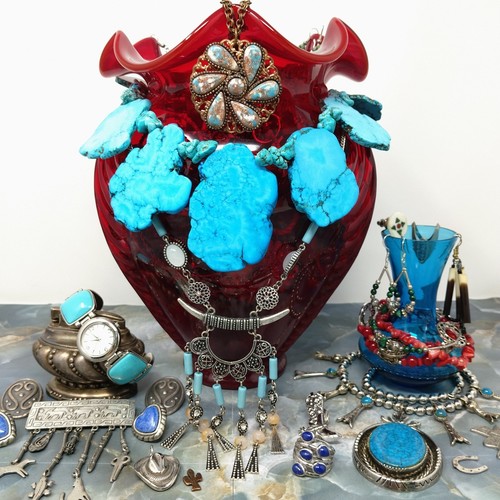 "Wild Desert Rose" Mystery Jewelry Jar Fenton Vase SW Cowgirl Boho Turquoise Lot