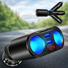 DC 12V LED 2 Way car Cigarette Lighter Socket Splitter Dual USB Charger Adapter