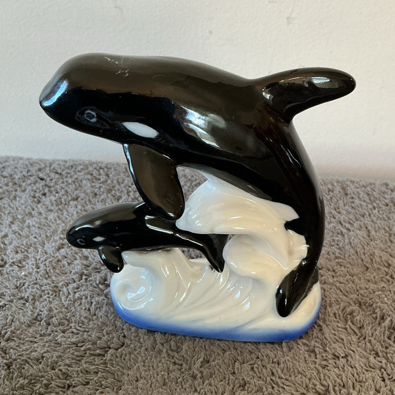 Ceramic Orca Whale Figurine on Blue Wave Base Black White 3D Effect Glossy