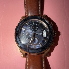 OROLOGIO GUESS uomo usato cinturino sportivo pelle marrone e oro rosa