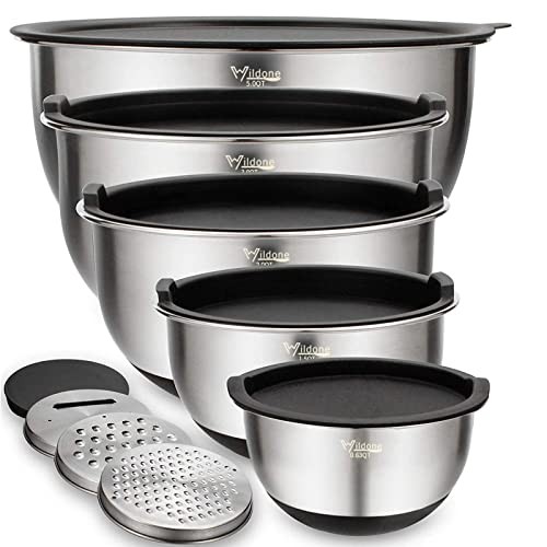 Mixing Bowls Set of 5, Stainless Steel Nesting Bowls with Airtight Lids