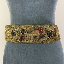 Vintage 80s LA REGALE Womens Medium Gold Hand Beaded Silk Belt 29" - 30" Waist