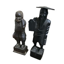 2 Wooden art Statues Man gardener Hat in Hand carved Unsigned 25” 23” set