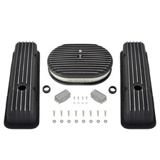 Black Short Valve Cover 12 Fully Finned Air Cleaner For 58-86 Chevy Sbc 350