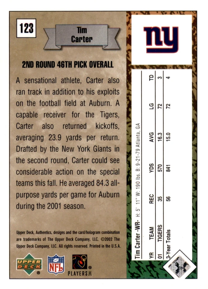 2002 Upper Deck Authentics - Tim Carter #123 /1000 (RC) - Image 2 of 2