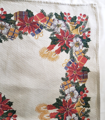 Vintage Austrian Christmas Tablecloth Topper Woven 38X39 Poinsettia Candles - Picture 8 of 13