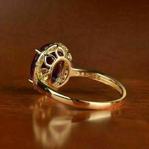 Anillo de boda de oro amarillo de 14 quilates de amatista natural y diamantes de corte ovalado de 5,00 quilates talla 8 Foto 3 de 4