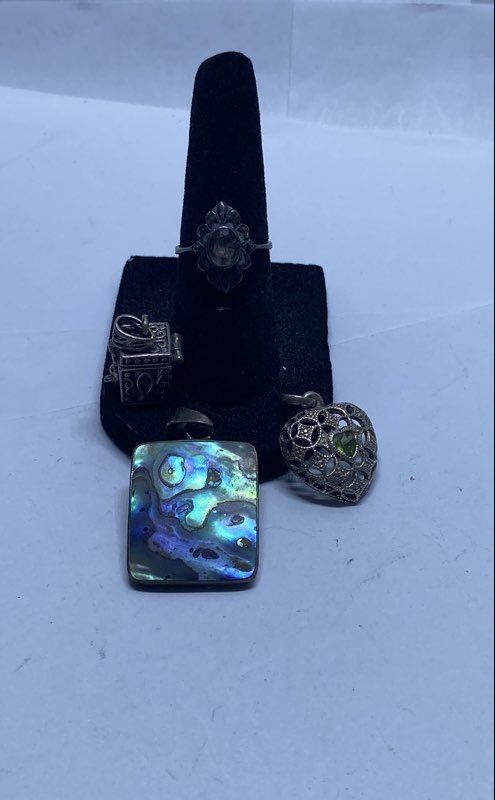 Sterling Silver 925 Jewelry Lot of 4 Amethyst Abalone Heart Ring Pendants