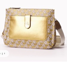 NWT Lauren Ralph Lauren Coated Canvas Monogram Medium Jamey Crossbody Bag Gold