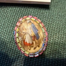 Vintage Fragonard Courting Couple Porcelain Cameo 2” Brooch Pin Pink Clear Trim