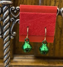 Petite 3/4  Silver Tone Green Jingle Bell Christmas Holiday Earrings