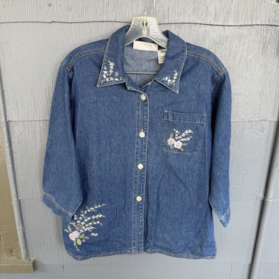 Vintage Susan Bristol Top Women s Petite M Embroidered Floral Denim Shirt